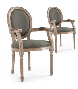 Lot de 2 chaises médaillon Louis XVI accoudoirs tissu gris Versailles