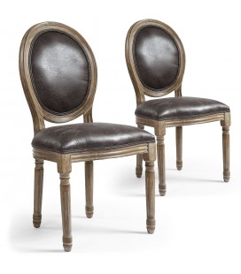 Lot de 2 chaises de style médaillon Louis XVI tissu marron effet vieilli Versailles