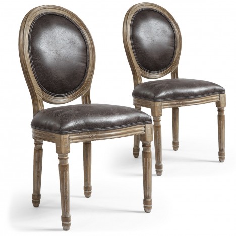 Lot de 2 chaises de style médaillon Louis XVI tissu marron effet vieilli Versailles - 