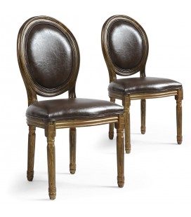 Lot de 2 chaises de style médaillon Louis XVI simili marron bois patiné doré Versailles