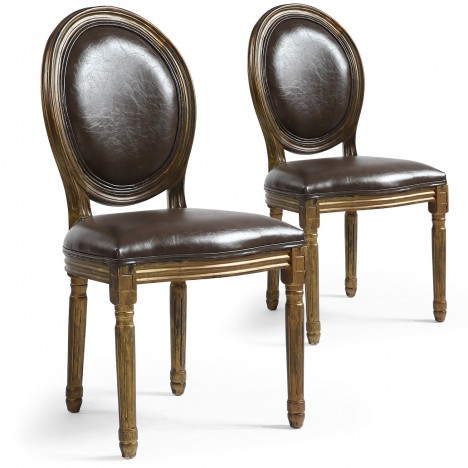 Lot de 2 chaises de style médaillon Louis XVI simili marron bois patiné doré Versailles - 