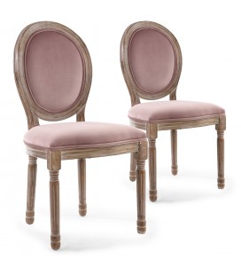 Lot de 2 chaises Louis XVI bois patiné & velours rose Versailles