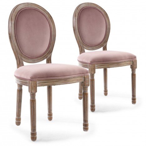 Lot de 2 chaises Louis XVI bois patiné & velours rose Versailles - 