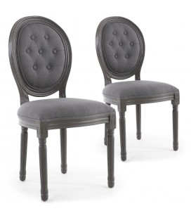 Lot de 2 chaises de style médaillon Louis XVI bois gris & tissu capitonné gris Versailles