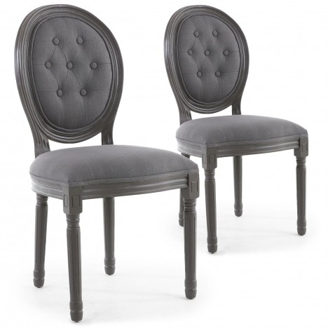 Lot de 2 chaises de style médaillon Louis XVI bois gris & tissu capitonné gris Versailles - 