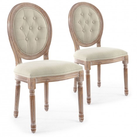 Lot de 2 chaises de style médaillon Louis XVI bois patiné & tissu capitonné beige Versailles - 