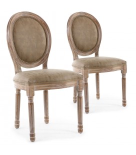 Lot de 2 chaises de style médaillon Louis XVI bois patiné & simili taupe Versailles