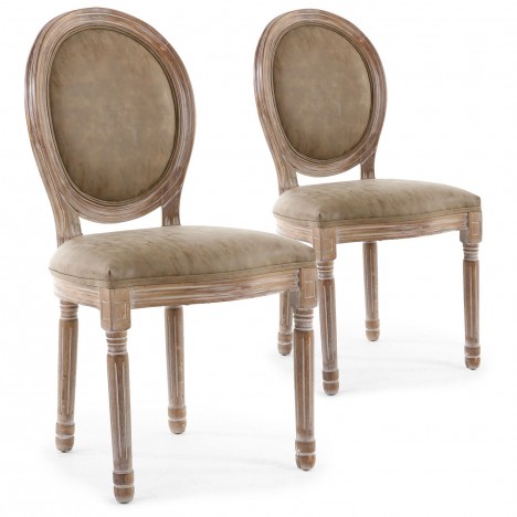 Lot de 2 chaises de style médaillon Louis XVI bois patiné & simili taupe Versailles - 