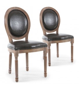 Lot de 2 chaises de style médaillon Louis XVI bois patiné & simili gris Versailles