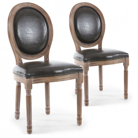 Lot de 2 chaises de style médaillon Louis XVI bois patiné & simili gris Versailles - 