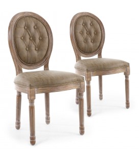 Lot de 2 chaises de style médaillon Louis XVI bois patiné & simili capitonné taupe Versailles