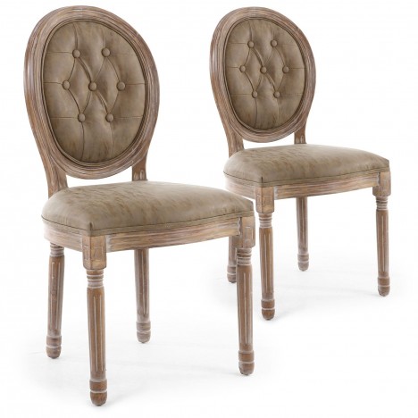 Lot de 2 chaises de style médaillon Louis XVI bois patiné & simili capitonné taupe Versailles - 