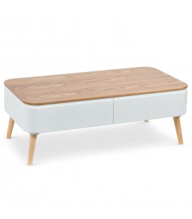 Table basse scandinave 2 tiroirs blanc et bois Bergane