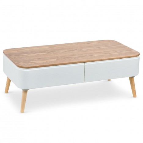 Table basse scandinave 2 tiroirs blanc et bois Bergane - 