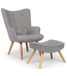 Fauteuil scandinave + pouf tissu gris clair Milly