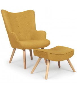 Fauteuil scandinave + pouf tissu jaune Milly