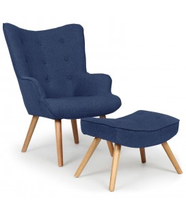 Fauteuil scandinave + pouf tissu bleu Milly