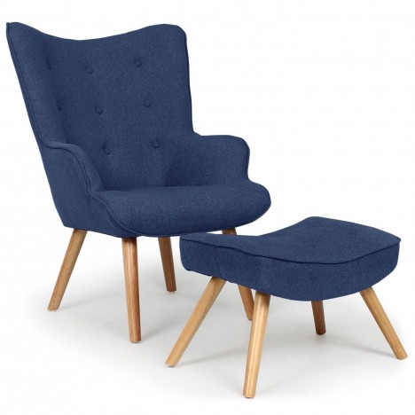 Fauteuil scandinave + pouf tissu bleu Milly - 