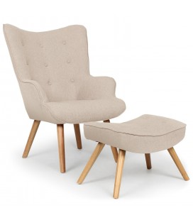 Fauteuil scandinave + pouf tissu beige Milly