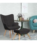 Fauteuil scandinave + pouf tissu noir Milly - 