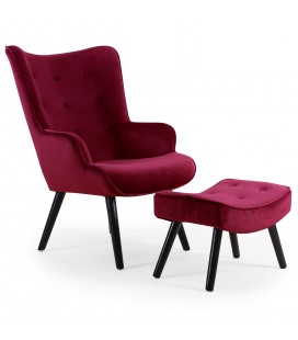 Fauteuil scandinave + pouf velours bordeaux Milly