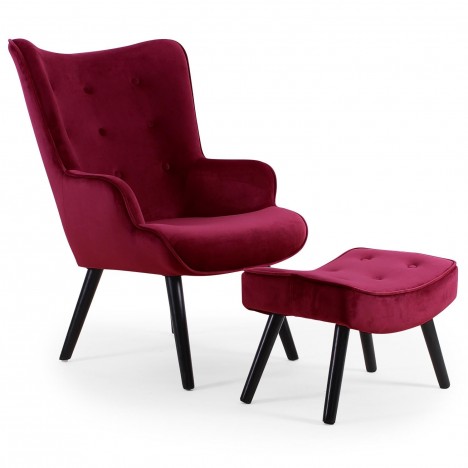 Fauteuil scandinave + pouf velours bordeaux Milly - 