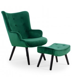 Fauteuil scandinave + pouf velours vert Milly