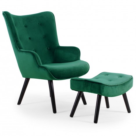 Fauteuil scandinave + pouf velours vert Milly - 