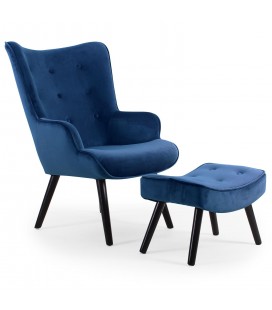 Fauteuil scandinave + pouf velours bleu Milly