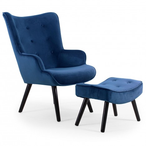 Fauteuil scandinave + pouf velours bleu Milly - 