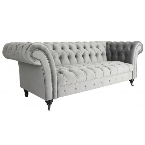 Canapé 3 places queen velours argent Chesterfield - 