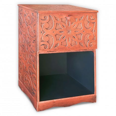 Table de chevet style oriental bois sculpté 1 porte bois cuivre Monboly