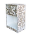 Table de chevet style oriental bois sculpté 1 porte blanc patiné doré Monboly