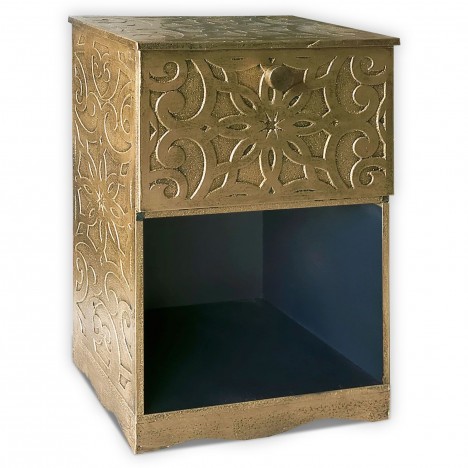 Table de chevet style oriental bois sculpté 1 porte bois bronze Monboly