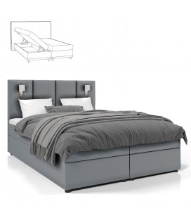 Lit boxspring lumière intégrée avec matelas et sur-matelas 160x200cm tissu gris Michael