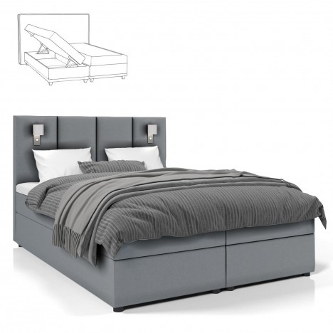 Lit boxspring lumière intégrée avec matelas et sur-matelas 160x200cm tissu gris Michael - 