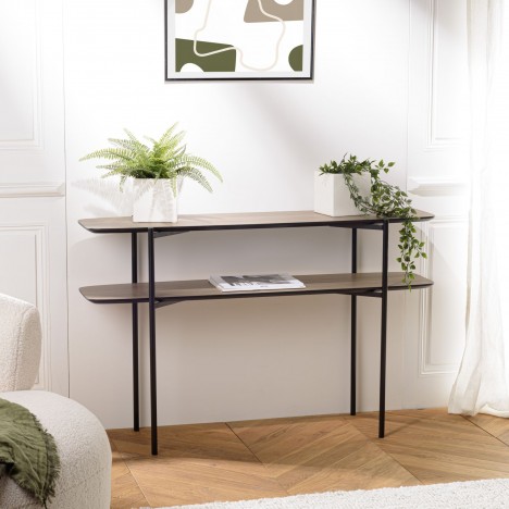 Console double plateau angles arrondis 120x33cm chêne vieilli et métal noir MANADO