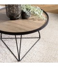 Table basse ronde 70x70cm chêne vieilli pieds épingles métal noir MANADO