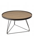 Table basse ronde 70x70cm chêne vieilli pieds épingles métal noir MANADO