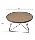 Table basse ronde 70x70cm chêne vieilli pieds épingles métal noir MANADO