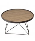 Table basse ronde 70x70cm chêne vieilli pieds épingles métal noir MANADO