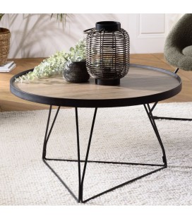 Table basse ronde 70x70cm chêne vieilli pieds épingles métal noir MANADO