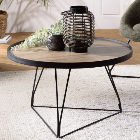 Table basse ronde 70x70cm chêne vieilli pieds épingles métal noir MANADO