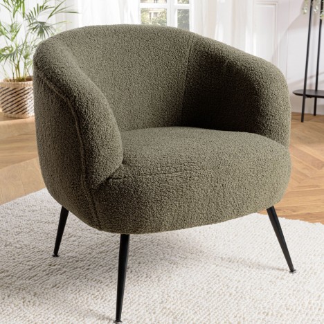 Fauteuil cosy enveloppant tissu bouclette vert kaki BOGOTA