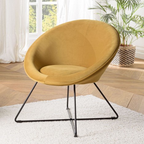 Fauteuil tissu velours jaune moutarde pieds croisés métal noir BOGOTA