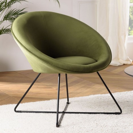 Fauteuil tissu velours vert olive pieds croisés métal noir BOGOTA