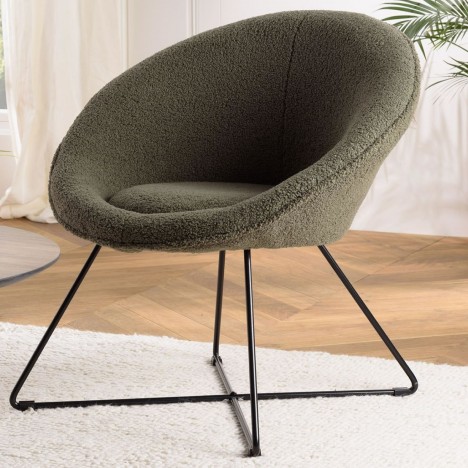 Fauteuil tissu bouclette vert kaki pieds croisés métal noir BOGOTA