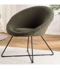 Fauteuil tissu bouclette vert kaki pieds croisés métal noir BOGOTA