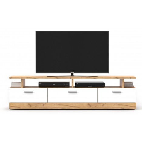 Meuble tv moderne 3 tiroirs 165cm blanc et bois chêne doré Kylo - 