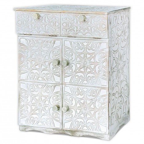 Buffet bois sculpté style oriental 6 portes L70cm blanc patiné Milga - 